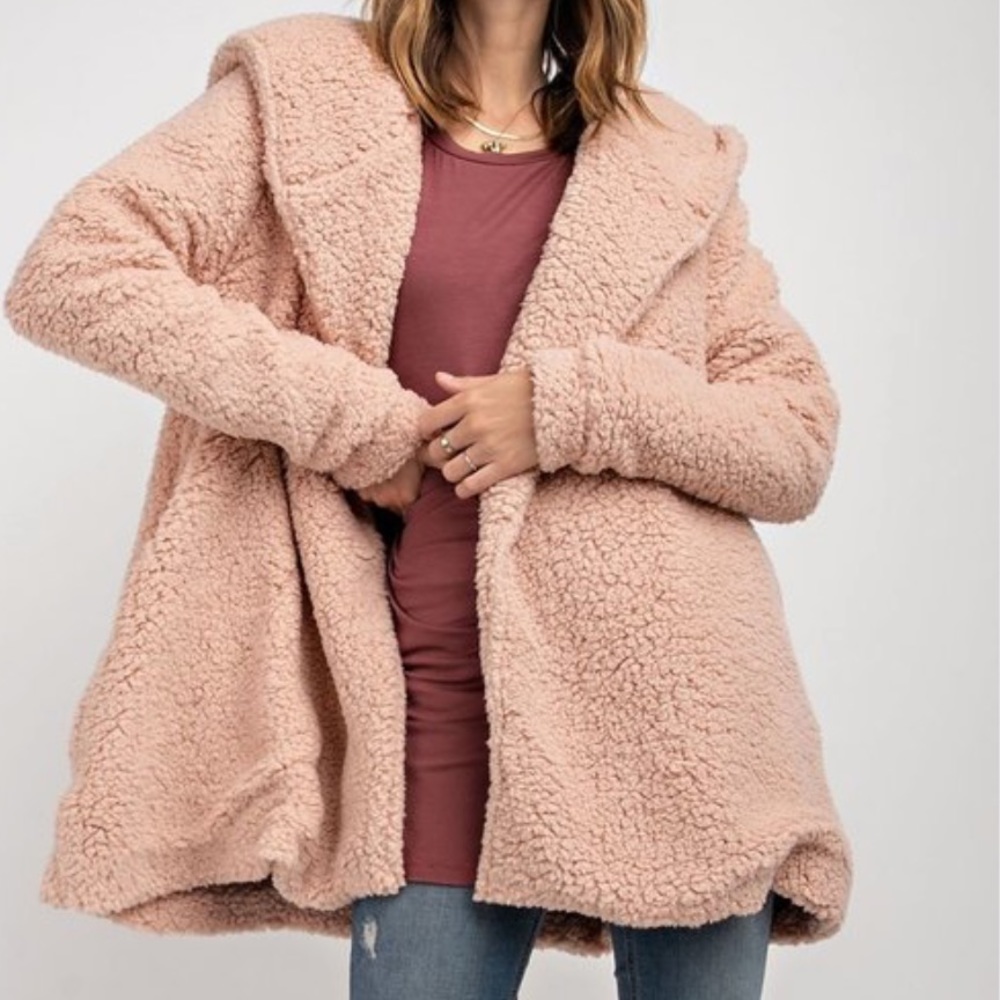 MAUVE OVERSIZED SOFT FAUX FUR- HOODIE JACKET - Picture 2 of 4